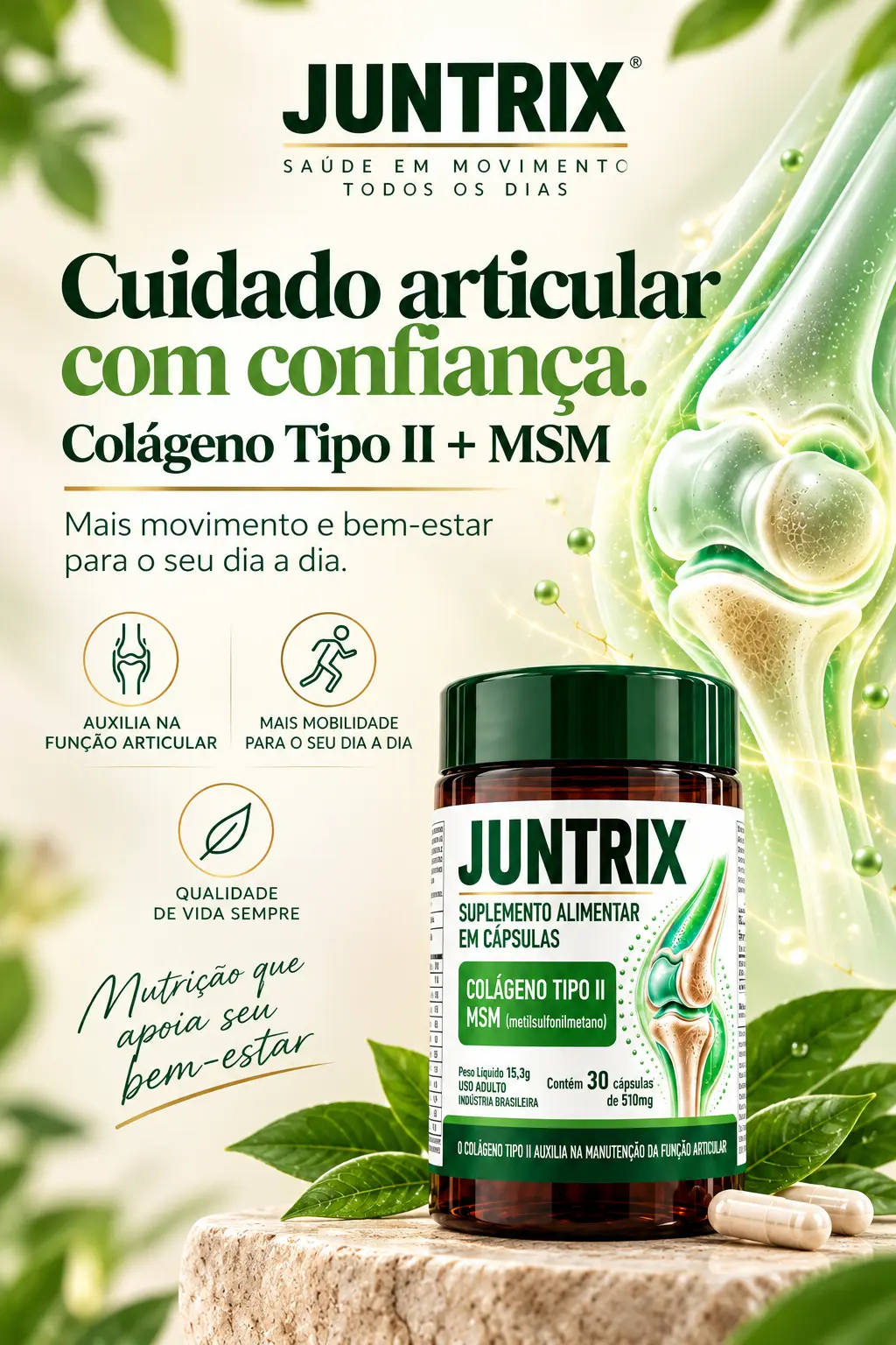 Juntrix Colágeno Tipo II + MSM — cuidado articular com confiança